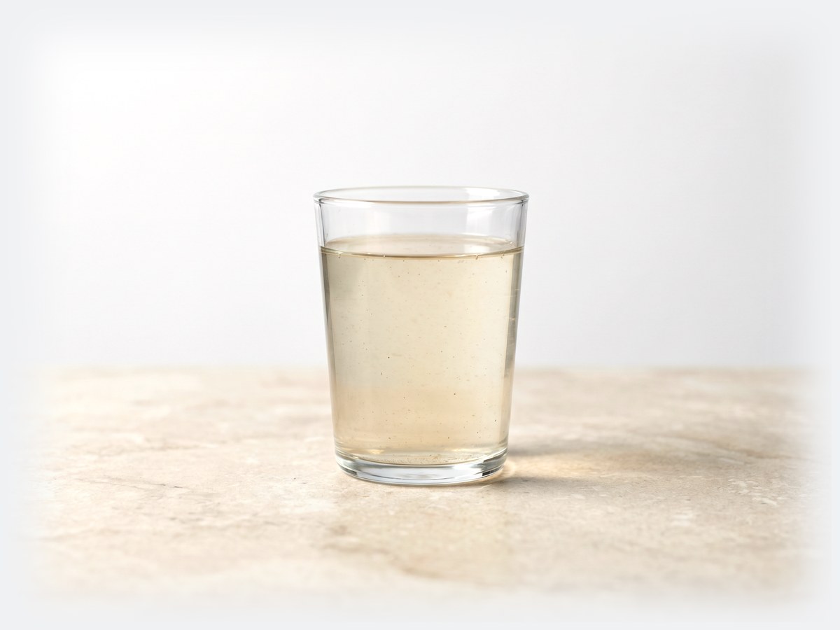 Trübes, leicht verfärbtes Brunnenwasser in einem Trinkglas