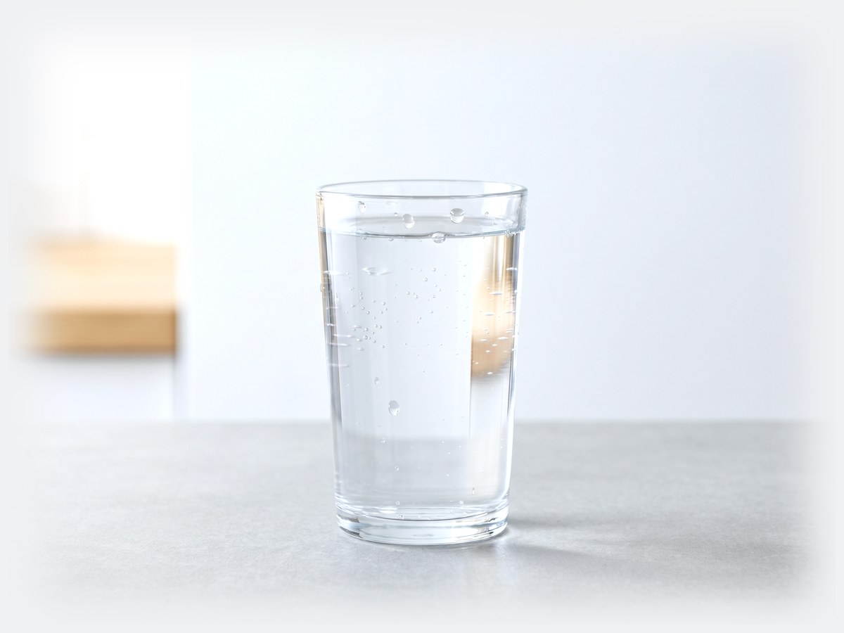 Kristallklares Trinkwasser frisch im Glas auf der Küchenarbeitsplatte